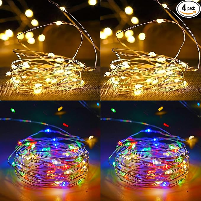 4-Pack 50 LED Fairy Lights Battery Operated with Timer, 16FT Waterproof Starry String Lights Outdoor Indoor Mini Cuttable Lights for Bedroom Wedding Birthday Christmas Parties (Warm White&Multi Color)