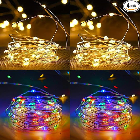 4-Pack 50 LED Fairy Lights Battery Operated with Timer, 16FT Waterproof Starry String Lights Outdoor Indoor Mini Cuttable Lights for Bedroom Wedding Birthday Christmas Parties (Warm White&Multi Color)