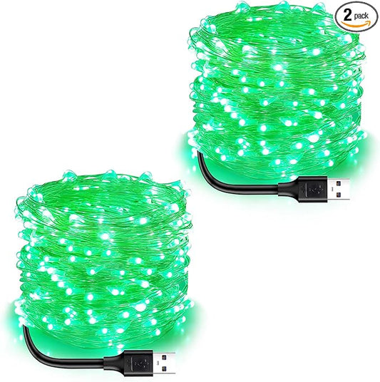 Blingstar USB Powered Fairy Lights, 2 Pack 33Ft 100 LED, Flexible Silver Wire, Mini String Lights for St. Patrick's Day/Halloween/Christmas Tree/Holiday Indoor Decoration, Green