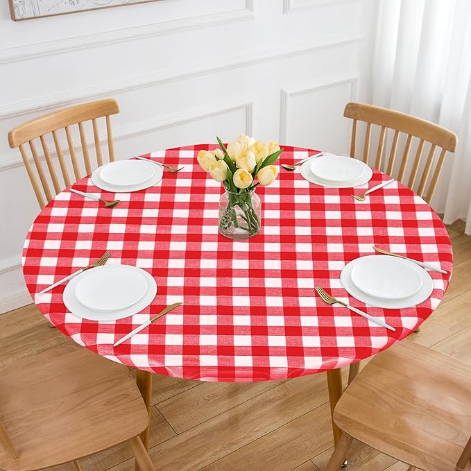 Fitable Waterproof Fitted Round Tablecloth with Elastic - 2 Pack Gingham Vinyl Tablecloth with Flannel Backing Outdoor Table Cover for Picnic Party, Red and White (Fit for 57"-68" Round Tables)