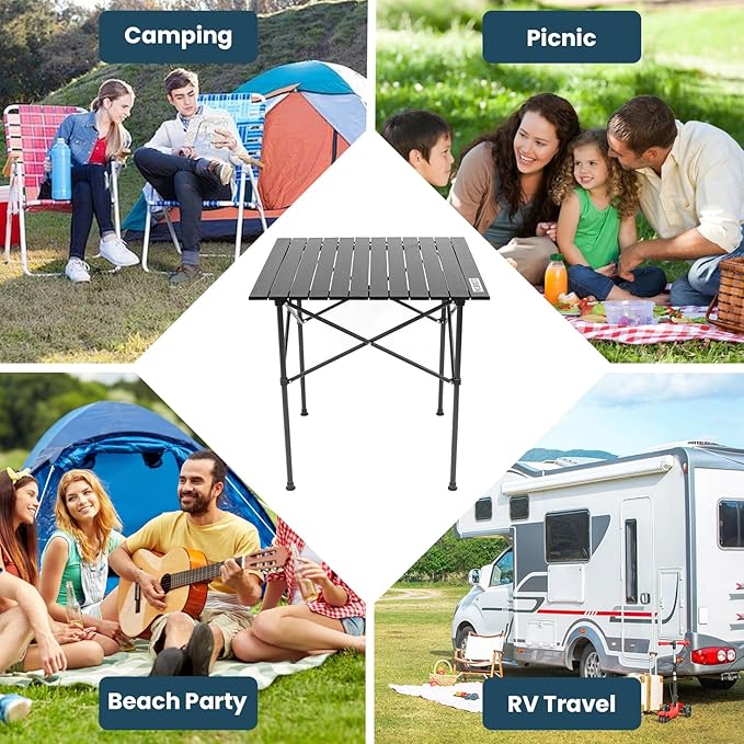 WILDROOTS Folding Camping Black Table with Carry Bag, Roll Up 4-6 People Portable Camp Square Tables for Picnic, Cooking, Beach, Travel, BBQ (L