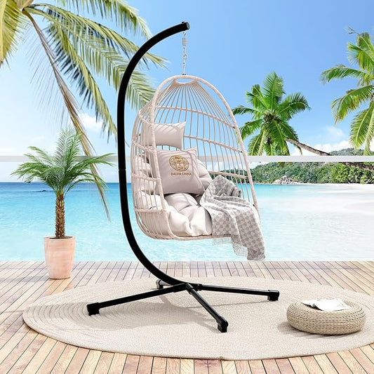 Foldable Hanging Egg Chair with Stand and Pillow, HDPE Rattan and Heavy Duty Aluminum-Steel Frame, Outdoor Patio Wicker Swing Egg Chair with Headrest and Cushioned, 350 Lbs Capacity (Beige)
