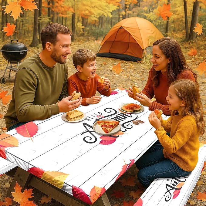 Picnic Table Cover with Bench Covers Elastic Edges, Wooden Fall Fitted Table Cover, Outdoor Patio Camping Essentials 72 Inch 3PCS, Waterproof Camping Fitted Tablecloth with Drawstring Bag