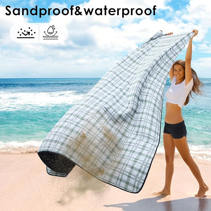 Picnic Blanket 80''x80'' Extra Large Outdoor Blanket, Waterproof, Sandproof, Machine Washable, Tear Resistant, Foldable Picnic Mat for Camping, Grass, Park, Travel, Beach – Green