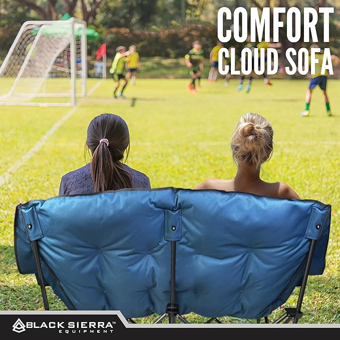 Black Sierra Double Camping Chair for Adults, Oversized Folding Loveseat Supports 600 lbs, Plush Padded Outdoor Couch with Cup Holders and Carry Bag for Beach, Patio, RV, or Tailgating Events