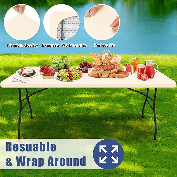 Spandex Picnic Table Cloth 2 Pack, Elastic Fitted Tablecloths for 6 Foot Rectangle Tables, Stretch Washable Patio Table Cover for Outdoor, Camping, Banquet and Parties (Champagne, 30"x72")