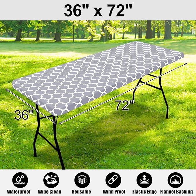 Smiry Rectangle Picnic Table Cover, Waterproof Elastic Fitted Camping Tablecloths for 6 Foot Tables, Wipeable Flannel Backed Vinyl Tablecloth Protector for Indoor, Outdoor (Grey, 36x72 Inches)