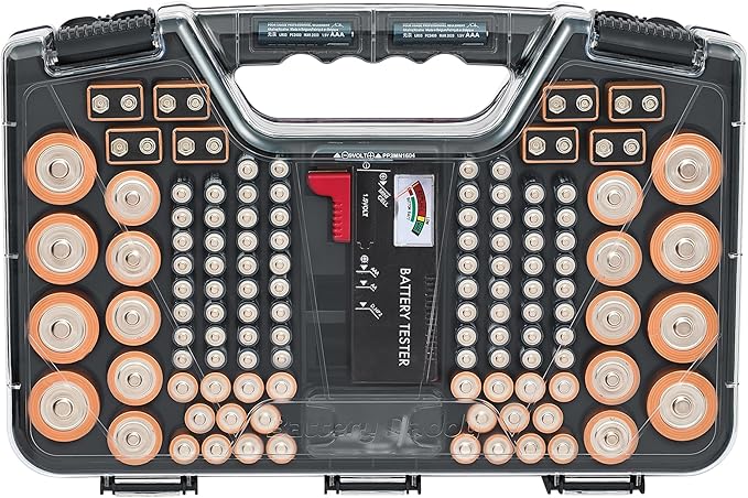Ontel Battery Daddy Storage & Organizer Case with Tester, Stores & Protects Up to 180 Batteries, Double-Sided, Durable Design W/Clear Locking Lid, Secure Latches & Portable Carrying Handle - Charcoal