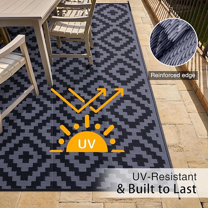 OLANLY Waterproof Outdoor Rug 6x9 ft, Outdoor Plastic Straw Rug for Camping, RV Mat Outside, Indoor Outdoor Carpet for Porch, Deck, Backyard, Balcony, Picnic, Black & Grey