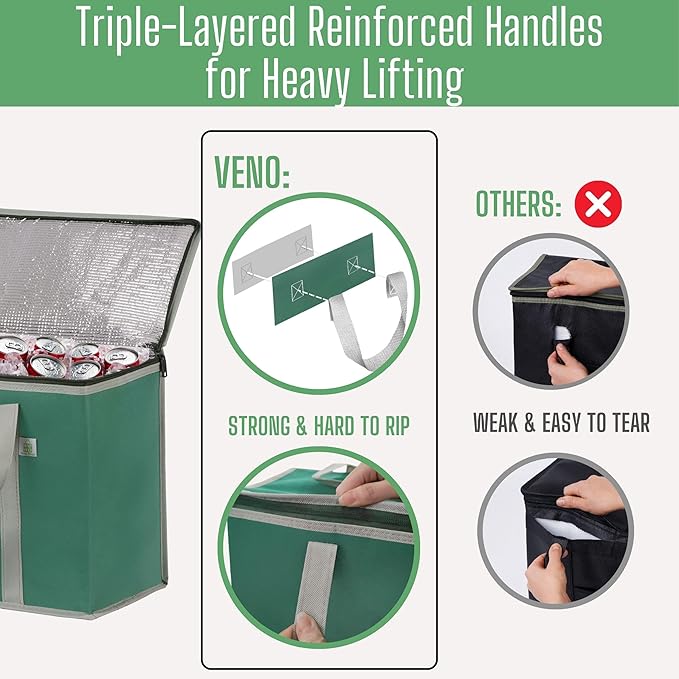 VENO 3 Pack Cooler Bag Insulated Reusable Grocery Shopping Bag, Food Delivery, Heavy Duty, Large Size, Durable Handles, Double Zippers, Lid, Collapsible (Green, 3 Pack)