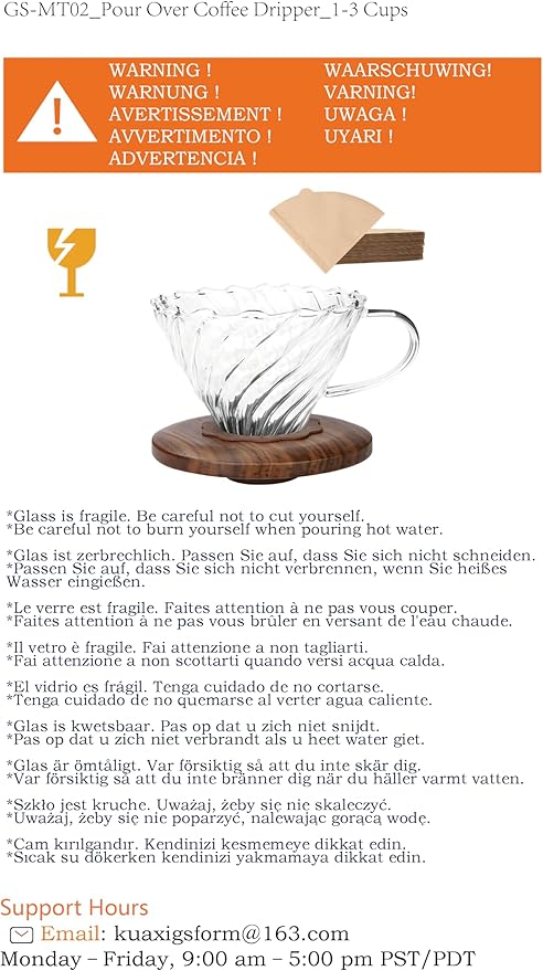 Pour Over Coffee Dripper with 100 pcs of Size 02 Paper Filter, Borosilicate Glass & Walnut Collar, Drip Coffee Maker, 1-3 Cups, Clear (Coffee Dripper)