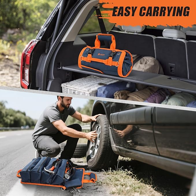 Tool Bag Roll Up, UUP Heavy Duty Rolled Empty Tool Storage Organization, Portable Foldable Rollup Organizer with 2 Small Pouches, Rollable Carrying Toolbag, Dad Men Mechanic Birthday Gift, Blue Orange