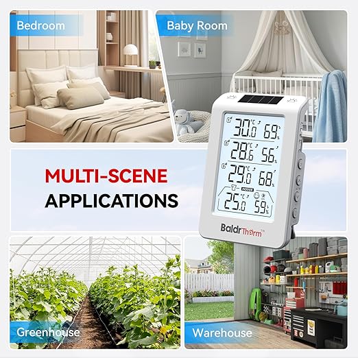Solar Photosensitive Three Channel Thermo-Hygrometer, Wireless Temperature & Humidity Monitor with 330ft Range, 4.8" Digital Display, Smart Backlight, Real-Time Alerts, White