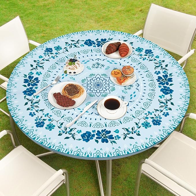Round Tablecloth Fitted Elastic Table Cover Waterproof Table Cloth for Dinner, Party, Picnic,Camping, Round Table Cover for Indoor Outdoor
