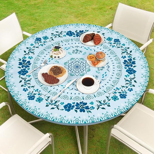 Round Tablecloth Fitted Elastic Table Cover Waterproof Table Cloth for Dinner, Party, Picnic,Camping, Round Table Cover for Indoor Outdoor
