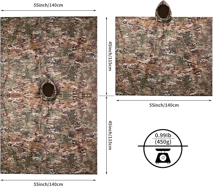 GRVCN Military Rain Poncho, Camouflage Raincoat Outdoor Waterproof Lightweight