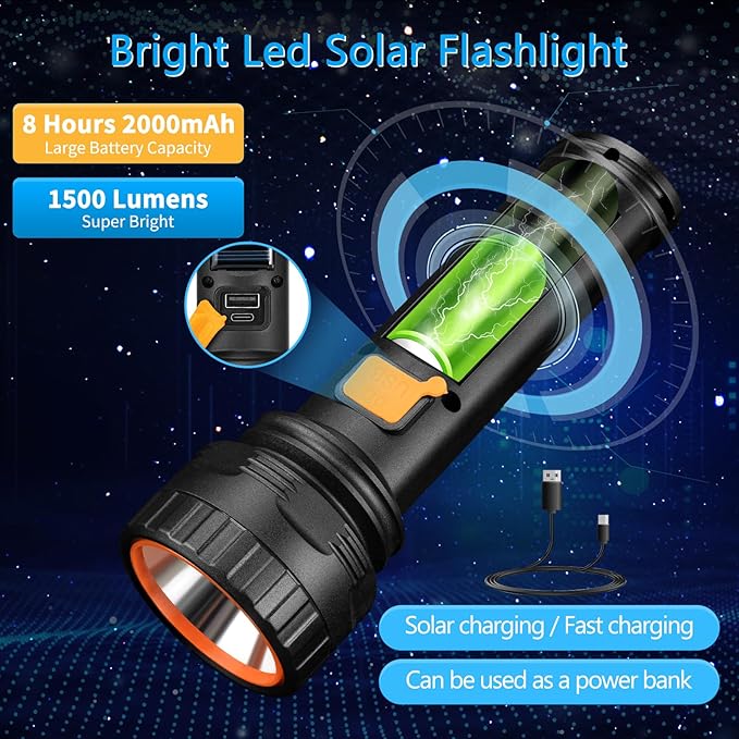 Solar Flashlights, 1500 Lumens Led Solar Powered Flashlights with Digital Display 2000mAh Battery Rechargeable Handheld Flashlights IP65 Waterproof Flashlights for Survival Emergencies, 1 Pack