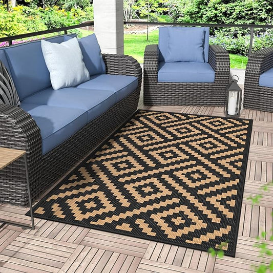 GENIMO Outdoor Rug 3'x5' Waterproof, Reversible Camping Mat, Plastic Straw Rugs for Patio, RV, Camper, Balcony, Backyard, Picnic, Deck (Black & Brown)