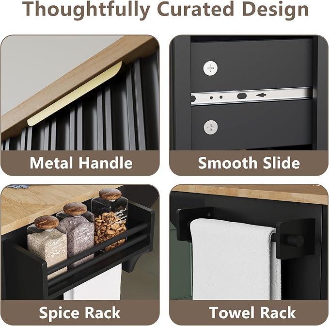 win2win Rolling Kitchen Island with Storage, Portable Kitchen Island with Drop Leaf Breakfast Bar, Modern Farmhouse Kitchens Cart on Wheels with Fluted Design, Towel Rack, Spice Rack, Black