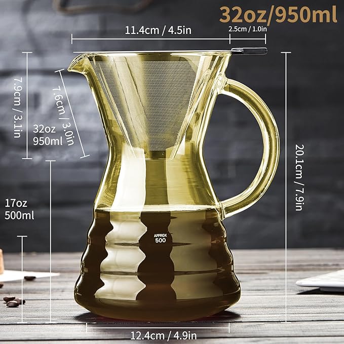 Unbreakable - Pour Over Coffee Maker with Permanent Stainless Filter 32 fl oz, Thickened Heat-Resistant Borosilicate Glass Dripper Coffee Brewer, Stovetop Safe, Yellow