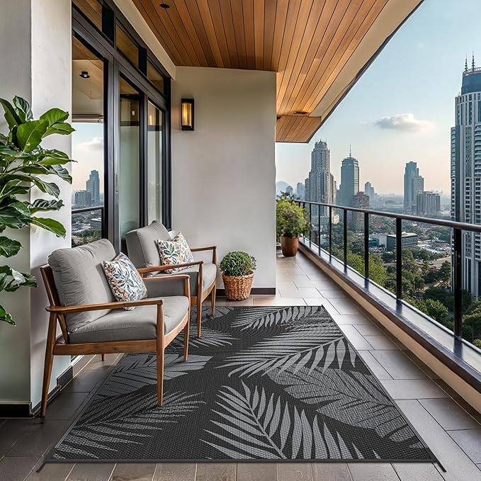 GENIMO Outdoor Rug 4' x 6' Waterproof for Patios Clearance, Reversible Outdoor Plastic Straw Camping Rug Carpet, Large Area Rugs Mats for RV, Camper, Deck, Balcony, Porch, Beach, Picnic, Black&Grey