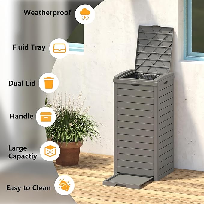 Outdoor Trash Can, 31 Gallon Garbage Can with Tiered Lid and Drip Tray, Waterproof Resin Patio Waste Bin for Garden, Backyard, Deck