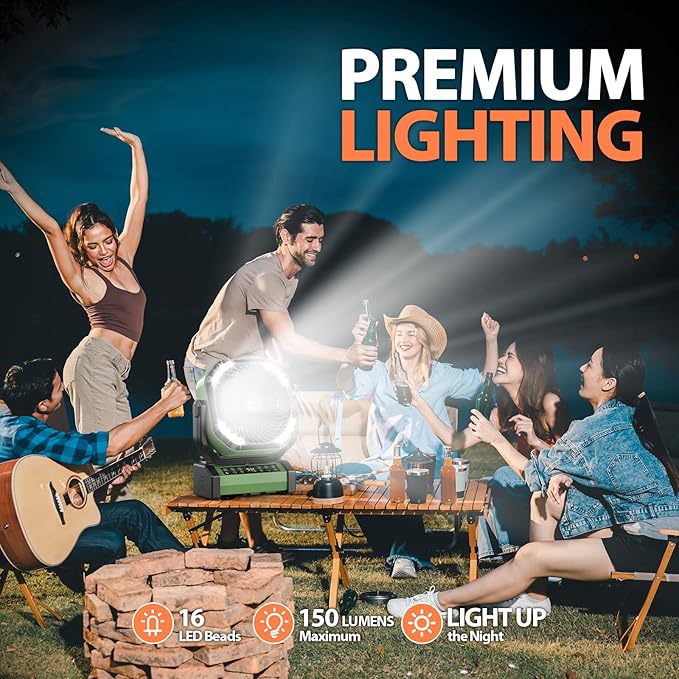 MORECORE 20000mAh Rechargeable Camping Fan with Light, 112HRS Running, 8-Speed, Auto Oscillating, Timer, LED Digital Display, 270°Pivot with Hook for Tent RV Emergency Garage-Army Green