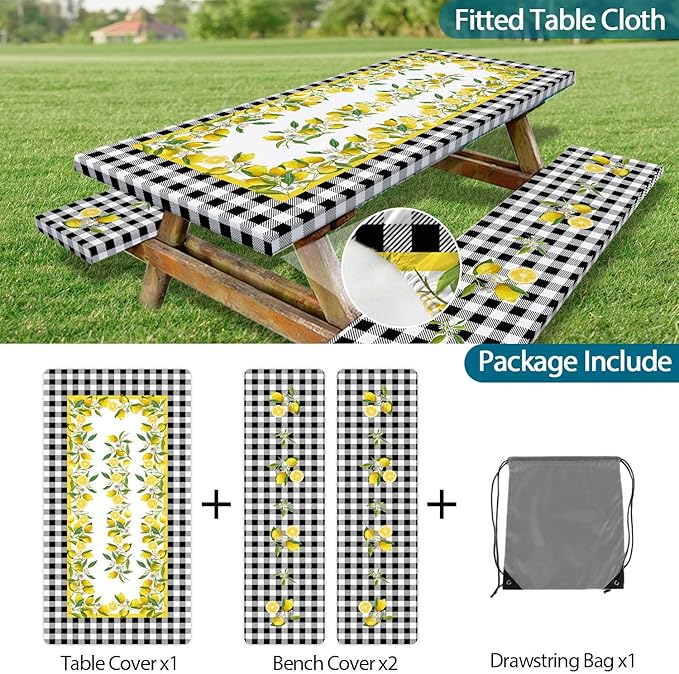 Picnic Table Cover with Bench Covers, Lemon & Black-White Gingham , Elastic Edges, Waterproof Windproof Fitted, for Outdoor Camping Patio Garden, with Drawstring Bag, 72 in