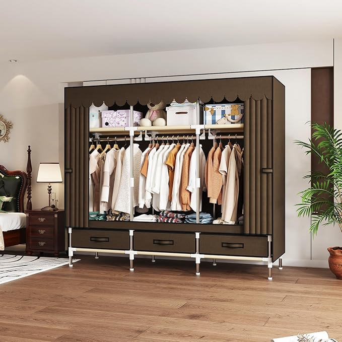 Portable Wardrobe Closet Durable and Easy to Assemble Heavy Duty Clothes Rack with Non-Woven Cover Fabric Best for Bedroom and Easy Storage and Organization (Brown-A)