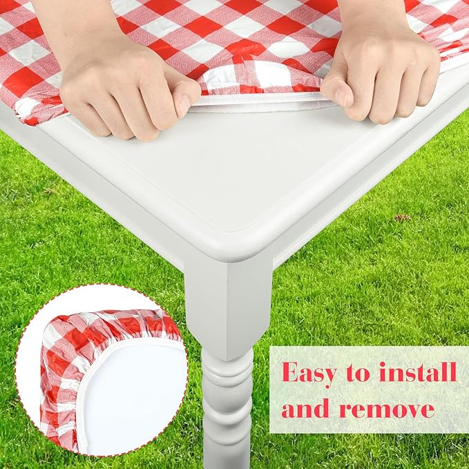 3 Pcs Set Fitted Picnic Table Cover with Bench Covers Vinyl Camping Table Cloth Flannel Backing for 6ft Tables Camping Outdoor (Red Checked, 30 x 72 Inches)