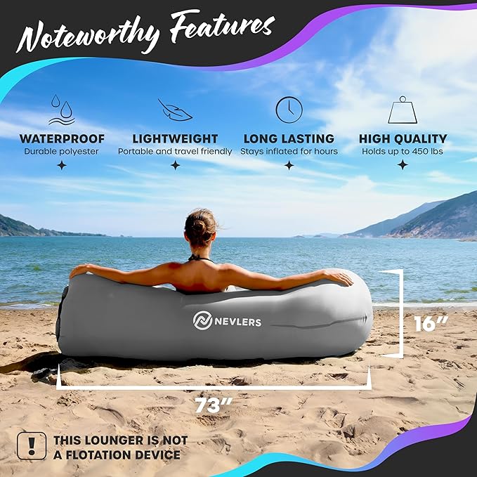 Nevlers Inflatable Lounger | 210T Polyester Inflatable Chair | No-Pump Blow Up Couch | Camping Couch Air Sofa Bed w/ 450 lbs. Cap., Pockets & Matching Bag | Use as Inflatable Couch for Adults & Kids