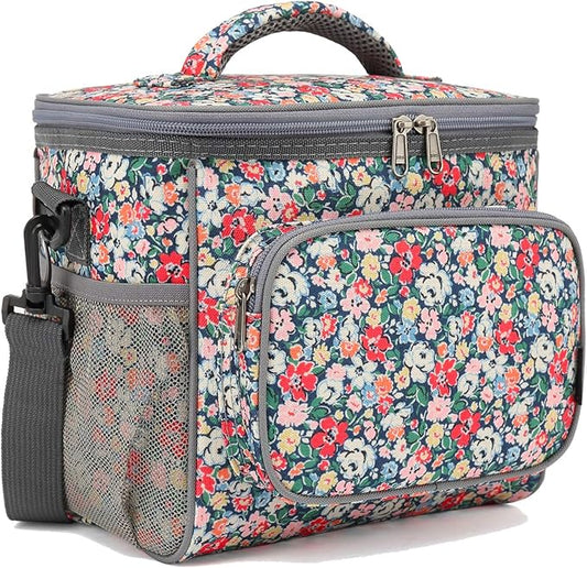 FlowFly Insulated Reusable Lunch Bag Adult Large Lunch Box for Women and Men with Adjustable Shoulder Strap,Front Zipper Pocket and Dual Large Mesh Side Pockets,Floral
