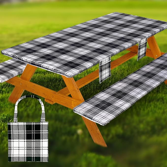 Fitted Picnic Table Cover with Bench Covers Waterproof Elastic Edges Rectangle Patio Tablecloth Outdoor Camping Essentials Stuff Rv Accessories Summer Trip Travel Camper Gifts for Woman Men, 72in 6 ft