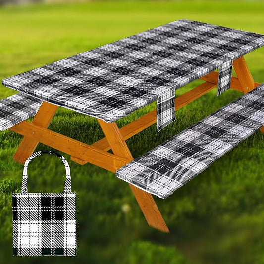 Fitted Picnic Table Cover with Bench Covers Waterproof Elastic Edges Rectangle Patio Tablecloth Outdoor Camping Essentials Stuff Rv Accessories Summer Trip Travel Camper Gifts for Woman Men, 72in 6 ft