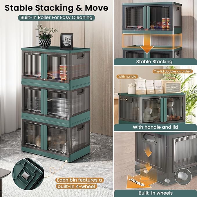 19Gal Collapsible Storage Bins with Lids & Wheels - 3 Pack Stackable with Doors, Heavy-Duty Plastic Containers for Home/Office, Green