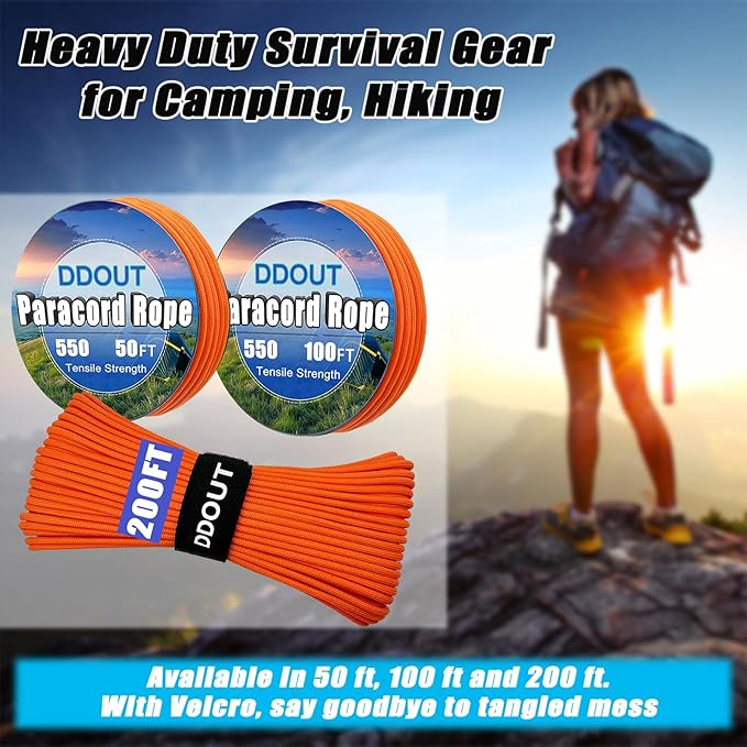 Paracord Nylon Rope Orange 100ft with 7-Strand Core, 10 Colors and 50/100/200 ft, Type III Parachute Cord 4mm for Camping, Survival, Hiking, DIY, Crafting, Outdoor Utility Rope