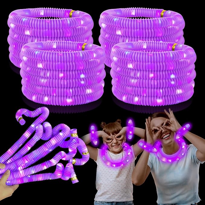 Purple Glow Sticks Party Favors for Kids 24 PCS,LED Light up Pop Tubes for Toddlers, Neon Necklaces Bracelets Accessories, Glow Birthday Wedding Dance Party Supplies Camping Toys Decorations