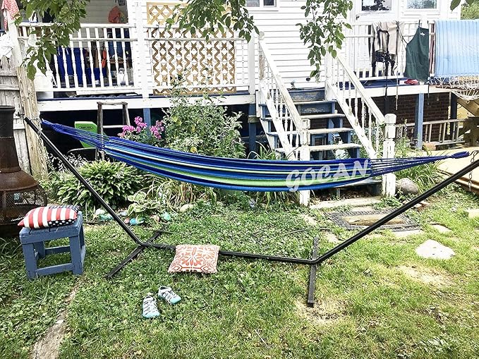 Brazilian Double Hammock 2 Person Extra Large Canvas 250x160cm Total Length 350cm Load 500lb Cotton Hammock for Garden Outdoor and Indoor Blue/Green(98 * 65'')