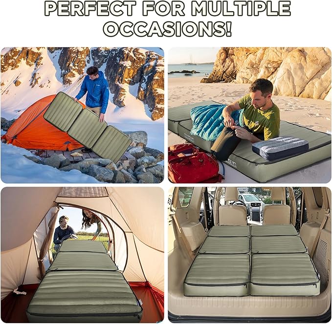 Detachable Tri Folding Sleeping Pad for Camping, Ultra-Thick 5.5 Inch Air Mattress, Quick Inflate, Zipper Design for Detachment, Machine Washable, Family Pad for Camping & Traveling, Green