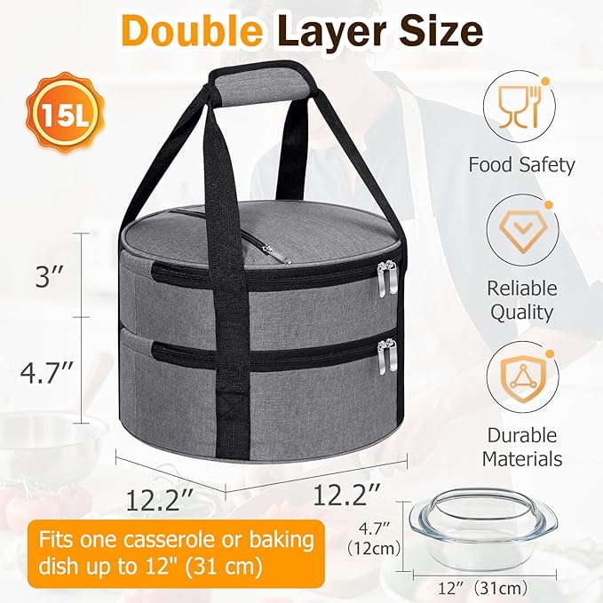 Round Double Insulated Casserole Carrier, Pie Carrier Bag, Portable Casserole Carrier for Hot or Cold Food Lunch Tote, Lunch Bag for Parties Picnic, Fits 12.5" Baking Dish, Grey