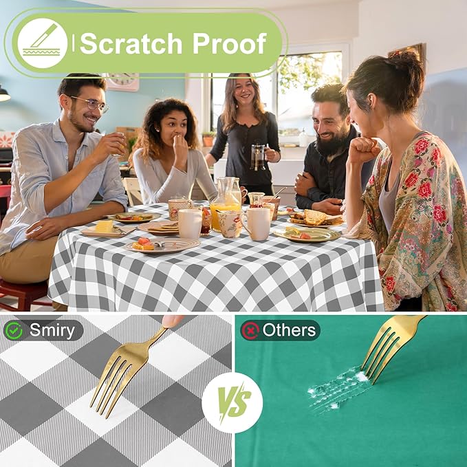 Smiry Round Plastic Table Cloth, Waterproof Vinyl Tablecloth with Flannel Backing, Wipeable Buffalo Plaid Table Cover for Dining, Indoor and Outdoor (Grey & White, 60" Round)