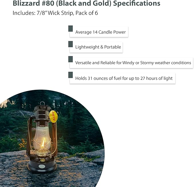 Light of Mine - Dietz #80 Blizzard Oil Lantern with 7/8" Replacement Wick Strips (Black with Gold Trim)