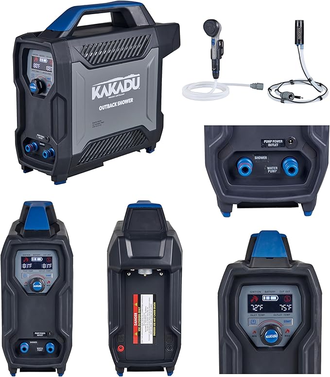 Kakadu Portable Camping Outback Shower, Instant Hot Water for Outdoor Use - Slimline Design, Rechargeable Lithium Battery, Adjustable Shower Head, Slim Pump, Digital Display