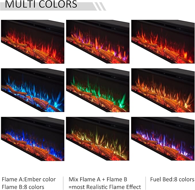 LegendFlame 60" W Smart Wall Mount & in Wall Recessed Electric Fireplace Insert, Heater 750W/1500W, Multi Colors of Flame & Fuel Bed, Alexa/Google Assistant Enabled