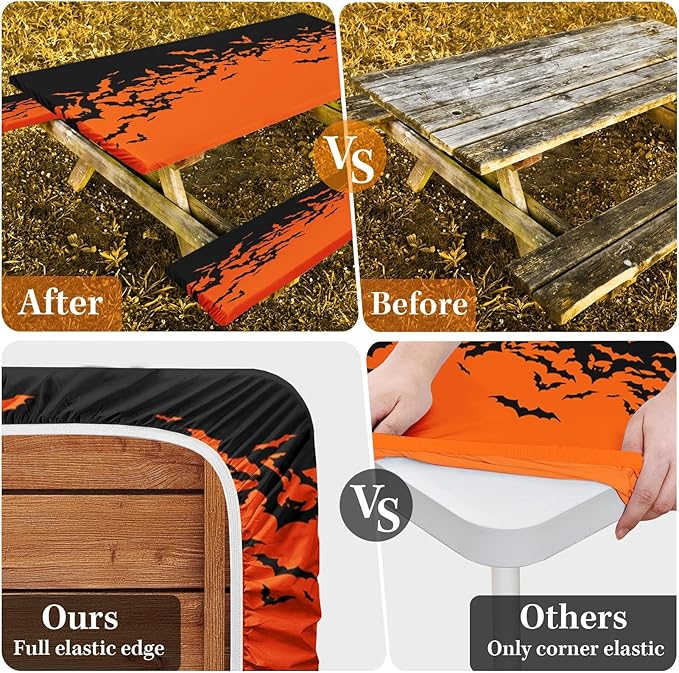 Picnic Table Cover with Bench Covers Elastic Edges, Horror Halloween Fitted Table Cover, Outdoor Camping Essentials 72 Inch 3PCS, Waterproof Camping Fitted Tablecloth with Drawstring Bag
