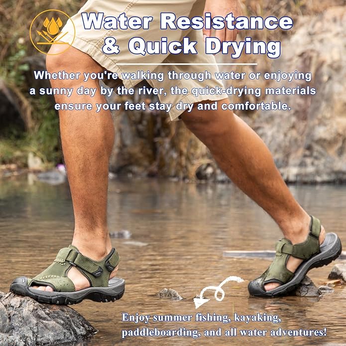 Men's Sport Sandals Closed Toe Leather Hiking Athletic Walking Outdoor Beach Trail River Fishing Water Shoes Lightweight Comfortable Waterproof