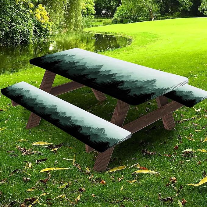CAPSCEOLL Fitted Picnic Table Cover with Bench Covers with Elastic 8Ft Waterproof Camping Picnic Table Cover Cloths for Outdoors Camping Tablecloth with Drawstring Bag, 96X30in, Green Forest