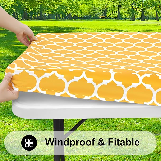 Smiry Rectangle Picnic Table Cover, Waterproof Elastic Fitted Camping Tablecloths for 4 Foot Tables, Wipeable Flannel Backed Vinyl Tablecloth Protector for Outdoor (Mustard Yellow, 30x48 Inches)