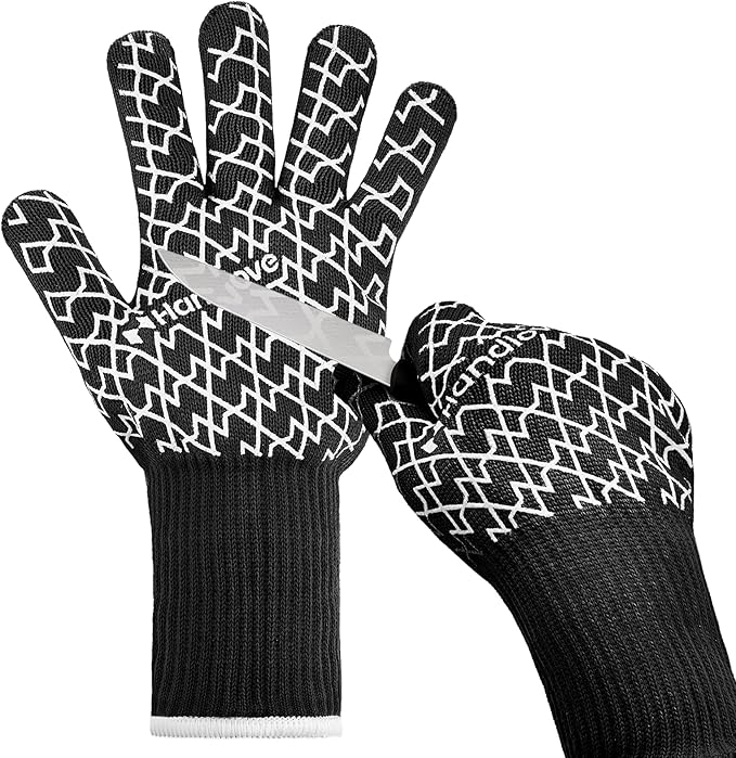 HandLove BBQ Gloves, Oven Gloves with Fingers – Heat Resistant Gloves for Grilling | Silicone Grip, Long Cuff Mitts - Kitchen & Outdoor Barbecue, Cooking, Baking, Black,S