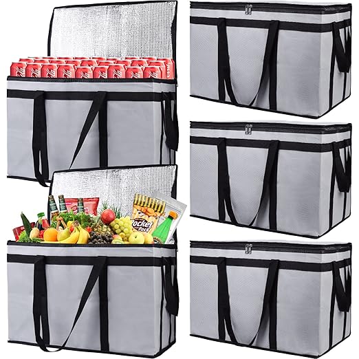 Bodaon 5-Pack Insulated Food Delivery Bag for Hot and Cold Meal, XXX-Large Grocery Tote Insulation Bag for Catering, Pizza Warmer, Cooler/Thermal Bags, Grey